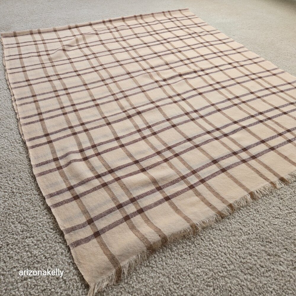 NWOT 100% Merino Wool Woven Tan Plaid Scarf Wrap Lightweight Variously - Picture 10 of 10